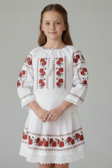 Compleu traditional alb pentru fetite cu motiv floral rosu Ilona [2]