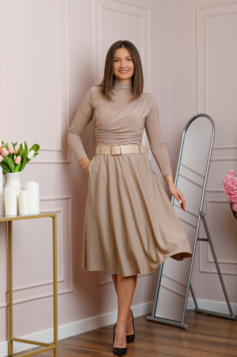 Fusta bej midi cu talie inalta, curea si buzunare laterale Isla [4]