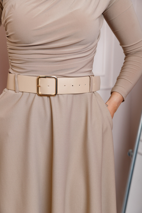 Fusta bej midi cu talie inalta, curea si buzunare laterale Isla [2]