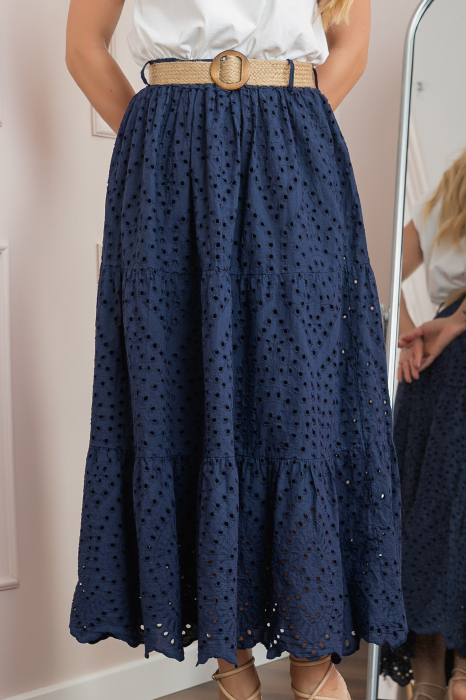 Fusta bleumarin boho chic cu perforatii si curea in talie [2]