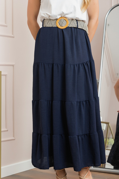 Fusta bleumarin boho chic cu volane si curea in talie [2]