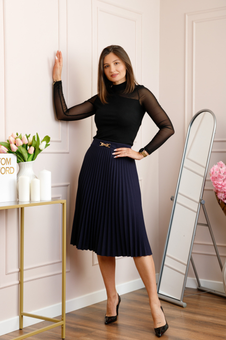 Fusta bleumarin dama Brandy plisata midi cu talie elastica [3]