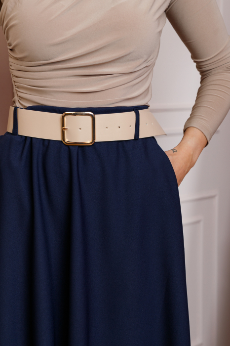 Fusta bleumarin midi cu talie inalta, curea si buzunare laterale Isla [2]