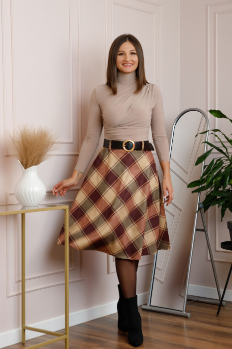 Fusta clos Stephanie in carouri cu centura in talie - Burgundy Autumn [4]
