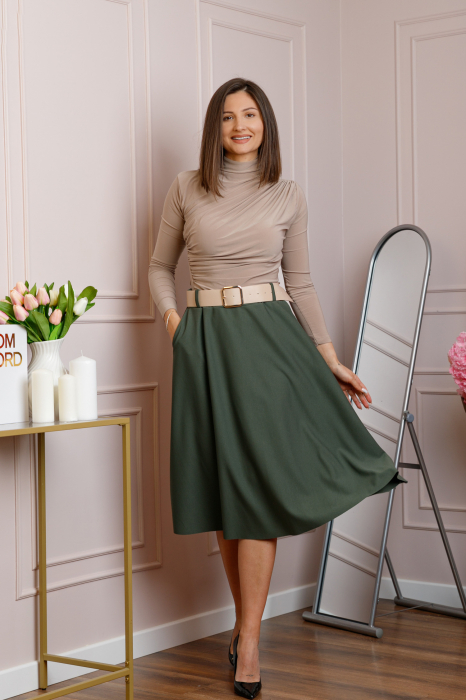 Fusta kaki midi cu talie inalta, curea si buzunare laterale Isla [4]