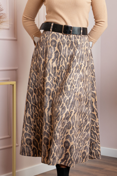 Fusta lunga camel din piele intoarsa ecologica animal print Jane [2]