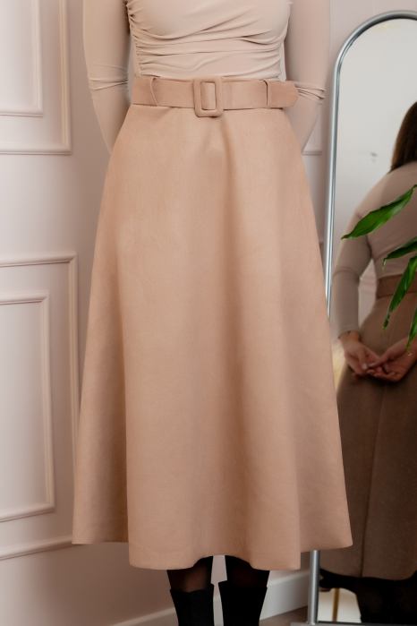 Fusta lunga clos Kristen din piele intoarsa ecologica cu centura in talie - Crem [2]