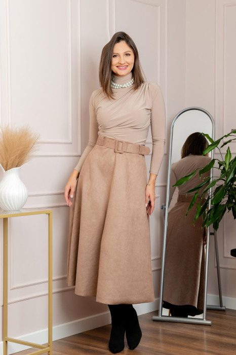 Fusta lunga clos Kristen din piele intoarsa ecologica cu centura in talie - Crem [3]