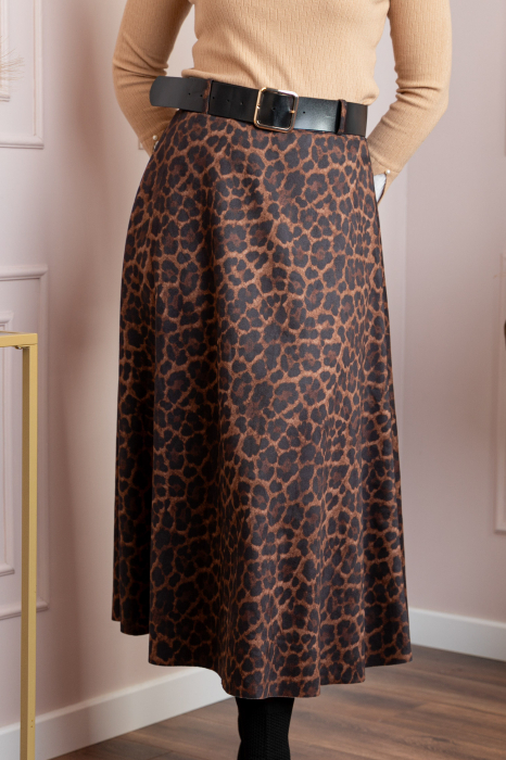 Fusta lunga maro inchis din piele intoarsa ecologica animal print Jane [2]