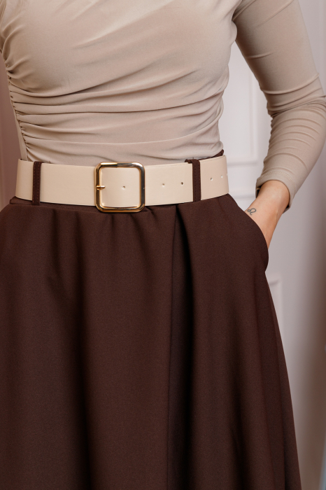 Fusta maro midi cu talie inalta, curea si buzunare laterale Isla [2]