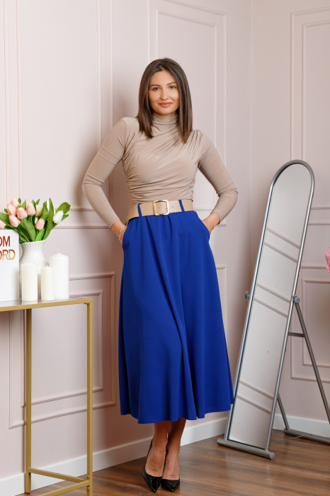 Fusta midi albastra eleganta cu talie inalta si curea reglabila Ivy [4]