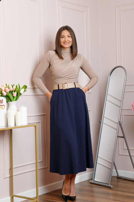 Fusta midi bleumarin eleganta cu talie inalta si curea reglabila Ivy [4]