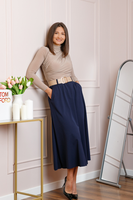 Fusta midi bleumarin eleganta cu talie inalta si curea reglabila Ivy [3]
