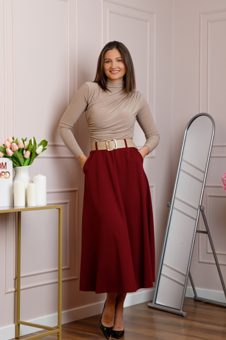 Fusta midi grena eleganta cu talie inalta si curea reglabila Ivy [4]