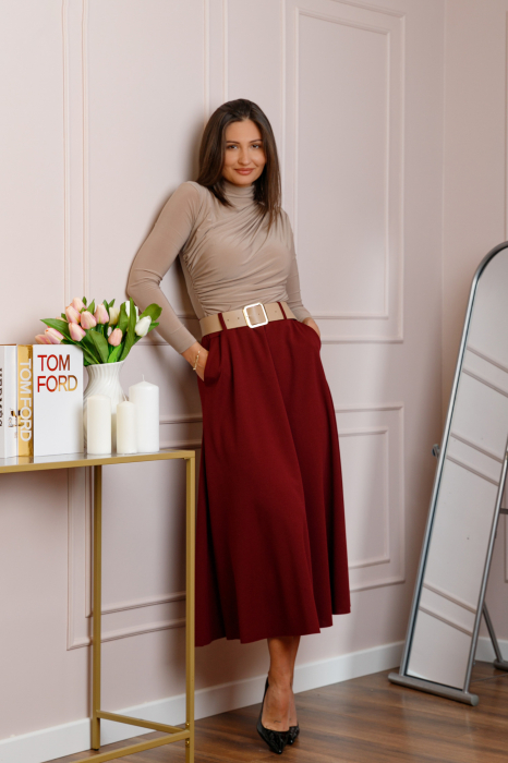 Fusta midi grena eleganta cu talie inalta si curea reglabila Ivy [3]