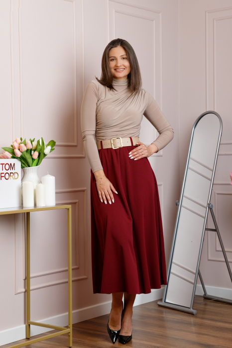 Fusta midi grena eleganta cu talie inalta si curea reglabila Ivy [2]