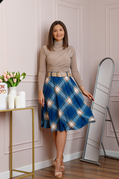 Fusta midi in carouri albastre cu talie elastica si curea reglabila Monroe [3]
