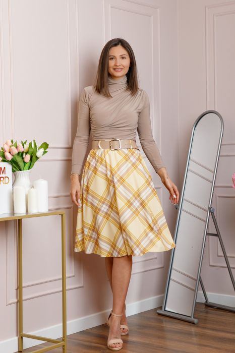 Fusta midi in carouri galben pastel cu talie elastica si curea reglabila Monroe [4]