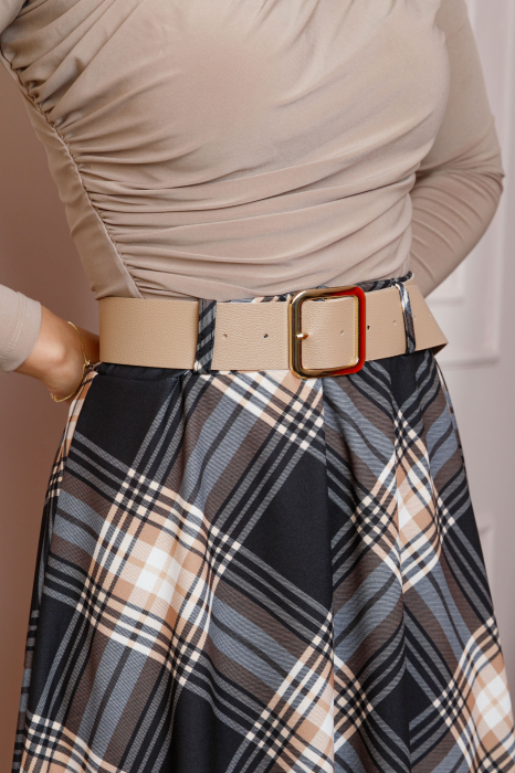 Fusta midi in carouri negru cu talie elastica si curea reglabila Monroe [2]
