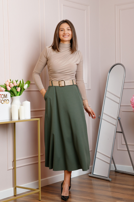 Fusta midi kaki eleganta cu talie inalta si curea reglabila Ivy