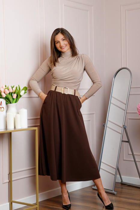 Fusta midi maro eleganta cu talie inalta si curea reglabila Ivy [4]
