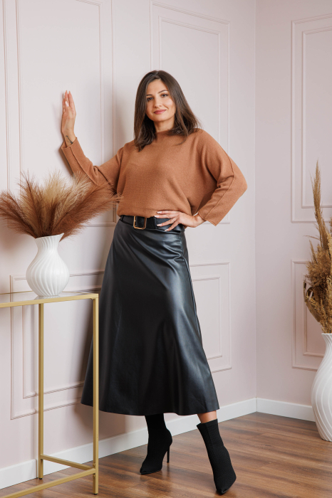 Fusta midi neagra din piele ecologica cu curea Maxine [3]