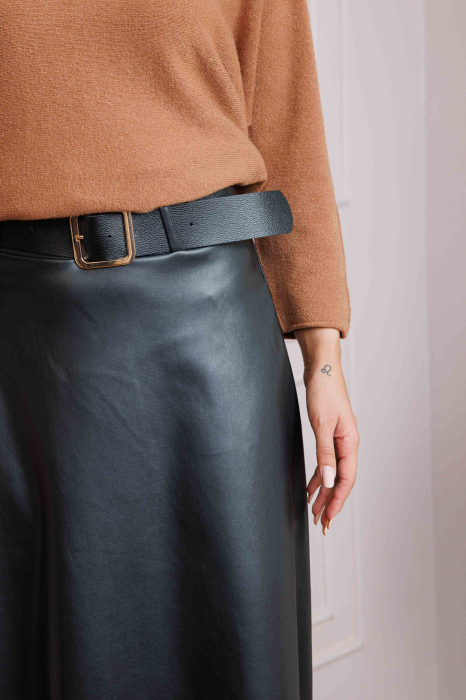 Fusta midi neagra din piele ecologica cu curea Maxine [2]