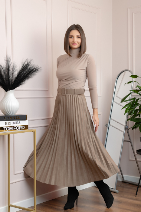 Fusta midi plisata Delilah din piele intoarsa ecologica cu centura in talie - Bej [3]