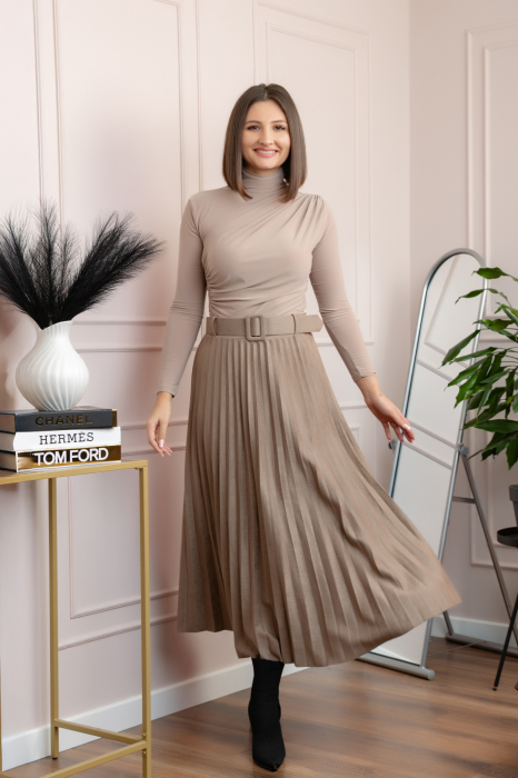 Fusta midi plisata Delilah din piele intoarsa ecologica cu centura in talie - Bej [4]