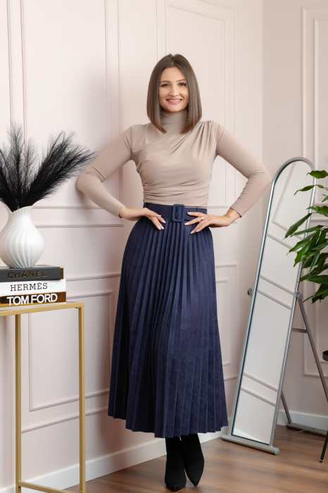 Fusta midi plisata Delilah din piele intoarsa ecologica cu centura in talie - Bleumarin [1]