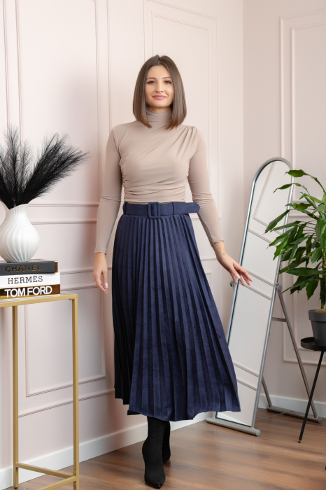 Fusta midi plisata Delilah din piele intoarsa ecologica cu centura in talie - Bleumarin [4]