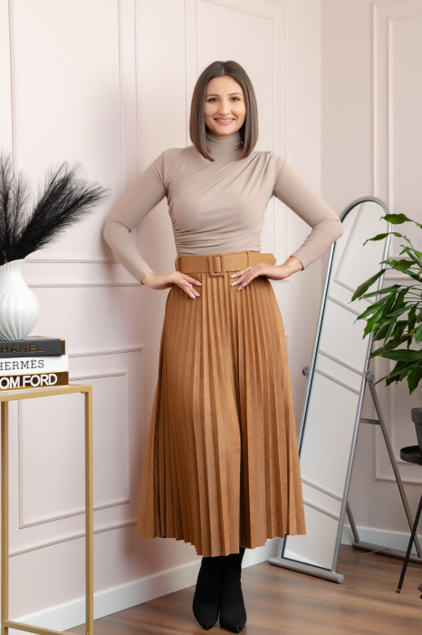 Fusta midi plisata Delilah din piele intoarsa ecologica cu centura in talie - Camel [1]