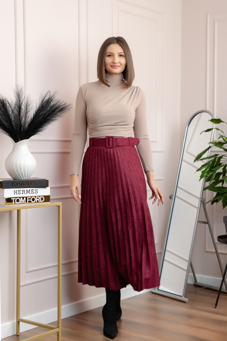 Fusta midi plisata Delilah din piele intoarsa ecologica cu centura in talie - Grena [4]