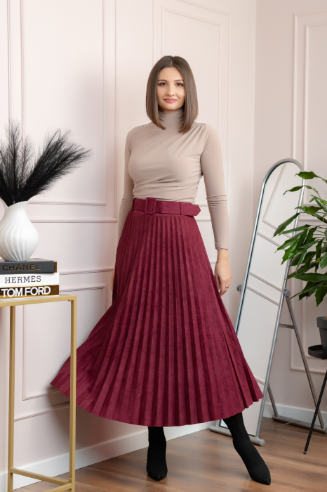 Fusta midi plisata Delilah din piele intoarsa ecologica cu centura in talie - Grena [3]