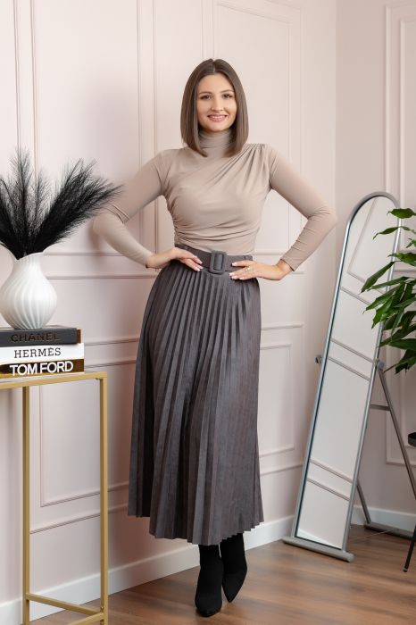 Fusta midi plisata Delilah din piele intoarsa ecologica cu centura in talie - Gri [1]