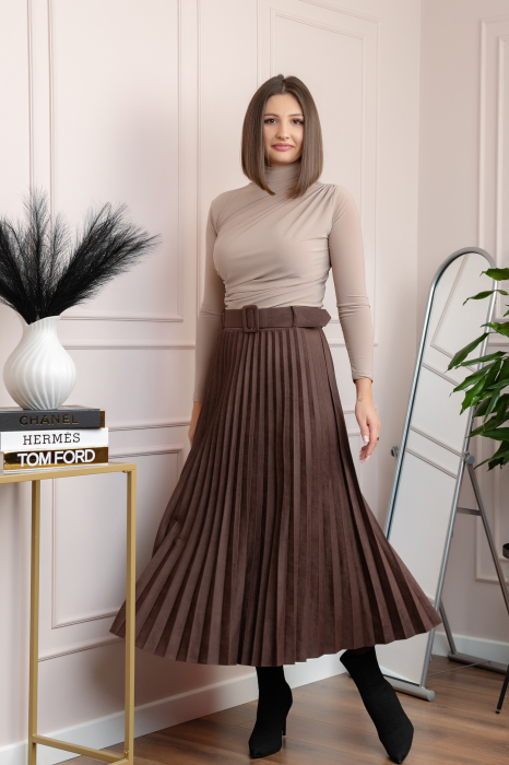 Fusta midi plisata Delilah din piele intoarsa ecologica cu centura in talie - Maro [3]