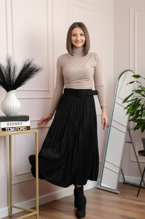 Fusta midi plisata Delilah din piele intoarsa ecologica cu centura in talie - Negru [4]