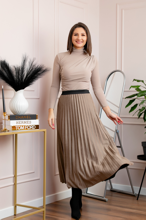 Fusta midi plisata Shannon din piele intoarsa ecologica - Bej [3]