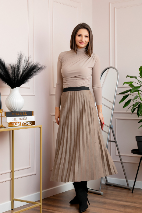 Fusta midi plisata Shannon din piele intoarsa ecologica - Bej [4]