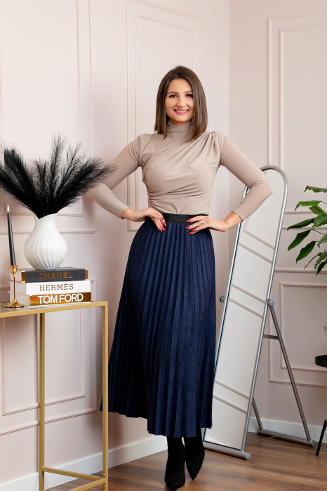 Fusta midi plisata Shannon din piele intoarsa ecologica - Bleumarin [1]