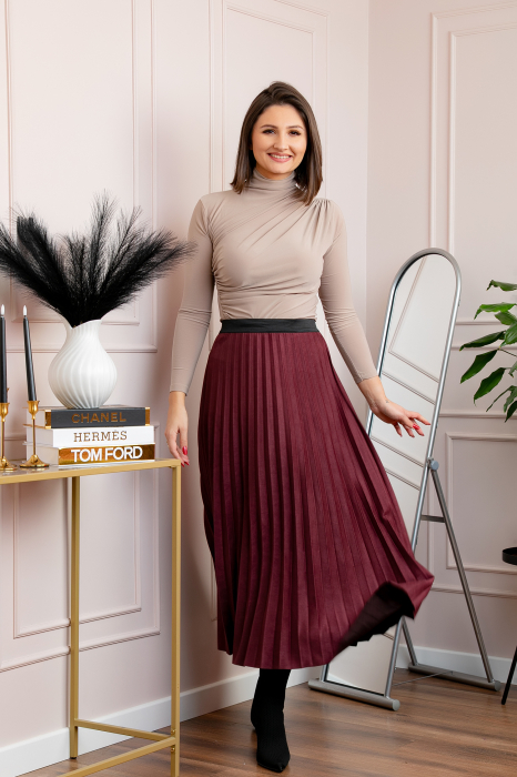 Fusta midi plisata Shannon din piele intoarsa ecologica - Grena [3]