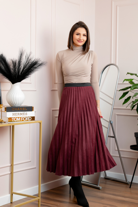 Fusta midi plisata Shannon din piele intoarsa ecologica - Grena [4]