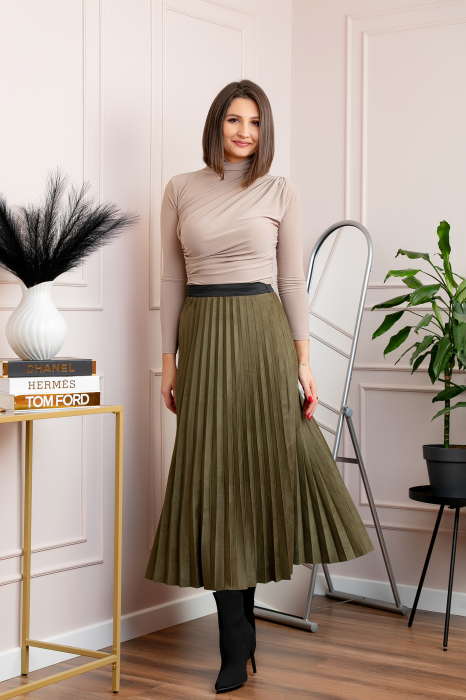 Fusta midi plisata Shannon din piele intoarsa ecologica - Kaki [4]