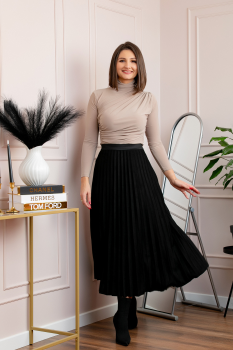 Fusta midi plisata Shannon din piele intoarsa ecologica - Negru [3]