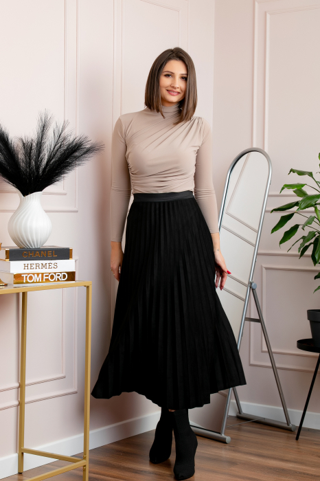 Fusta midi plisata Shannon din piele intoarsa ecologica - Negru [4]