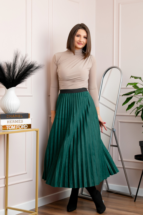 Fusta midi plisata Shannon din piele intoarsa ecologica - Verde [4]