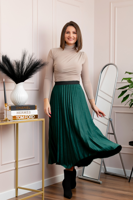 Fusta midi plisata Shannon din piele intoarsa ecologica - Verde [3]