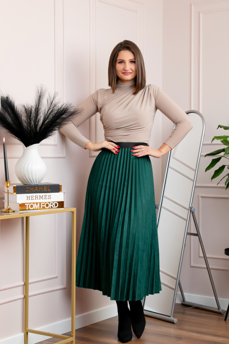 Fusta midi plisata Shannon din piele intoarsa ecologica - Verde [1]