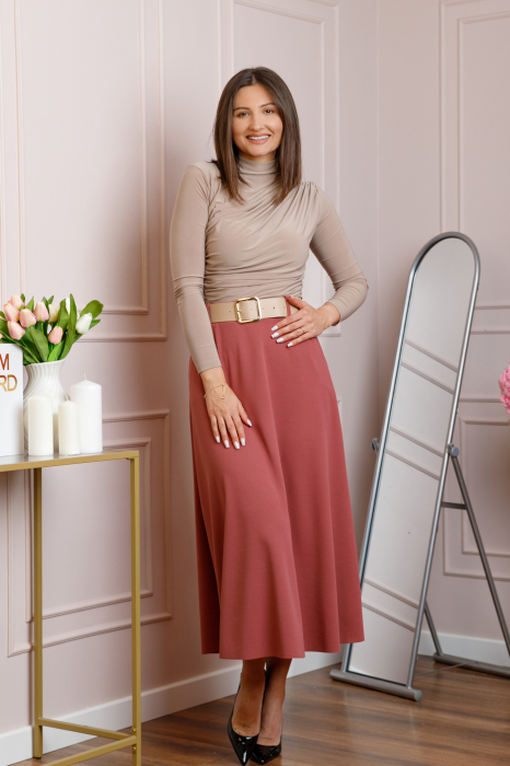 Fusta midi roz somon eleganta cu talie inalta si curea reglabila Ivy [2]