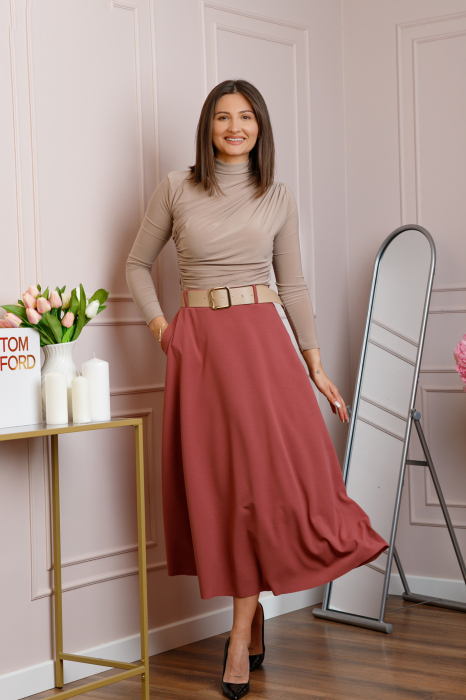 Fusta midi roz somon eleganta cu talie inalta si curea reglabila Ivy
